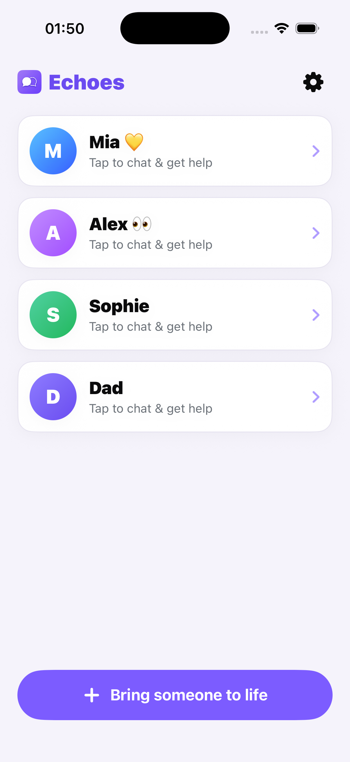 Echoes home screen listing the people you've brought to life
