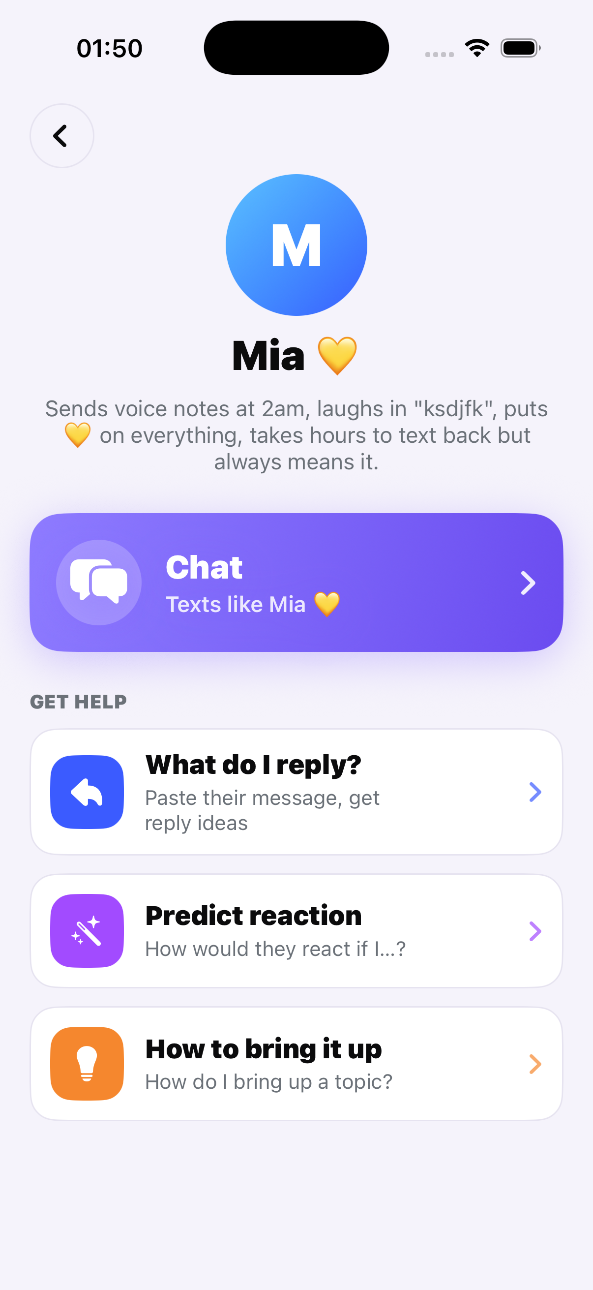 A persona's hub showing their vibe, a Chat button and help tools