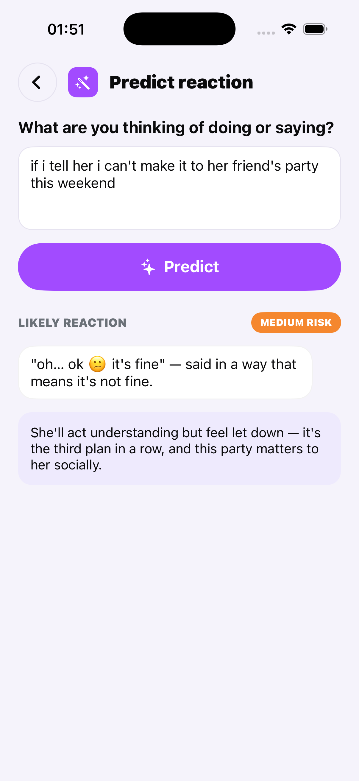 The 'Predict reaction' tool showing a likely reaction and a risk level